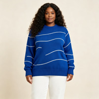 Pull en tricot jacquard bleu à col rond, décoré de broderies rayées blanches, vintage et simple, pour femme, ODM OEM