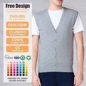 Gilet cardigan sans manches en coton gris tricoté à col en V pour homme, boutonné sur le devant, couleur unie, anti-boulochage, idéal pour l'automne - Product Image 2