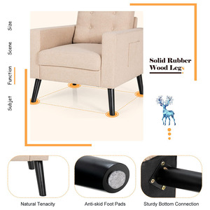 Sillón de Estilo Moderno de Mediados de Siglo con Respaldo Acolchado y Tapizado en Tela Beige con Botones, Ideal para Dormitorios, Áreas de Lectura y Salas de Estar - Product Image 3