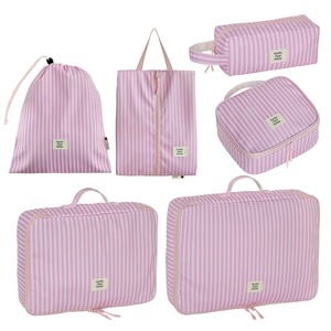Polyester Pink Striped Travel Organizer Set Multi‑purpose Luggage Packing Pouch Cosmetic Toiletry Shoe <b>Drawstring</b> <b>Bag</b> - Product Image 5