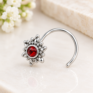 Elegant 925 Sterling <b>Silver</b> Garnet <b>Nose</b> Pin Round Red Gemstone Stud Cup Setting Indian Ethnic <b>Nose</b> Jewelry for Women Girls - Product Image 1