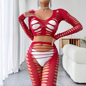 Lencería sexy estilo europeo americano con diseño hueco, conjunto de dos piezas de nailon con pantimedias de red y detalles de encaje. - Product Image 1