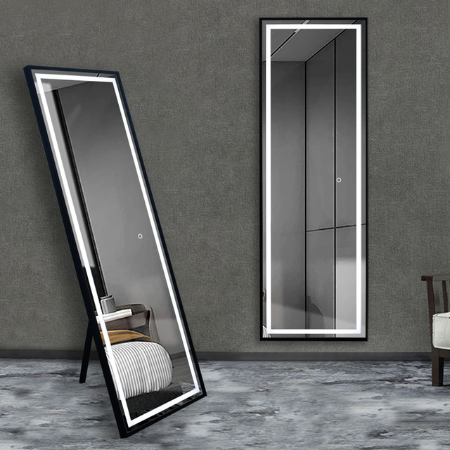 Free Standing/Wall Mounted/Leaning LED Lighted Aluminum Framed Smart Floor Mirror with Stand Full Length Mirror