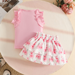 Set di Abbigliamento OEM ODM per Bambina con Top Senza Maniche in Pizzo Plissettato e Gonna a Doppio Strato con Fiocco - Product Image 3