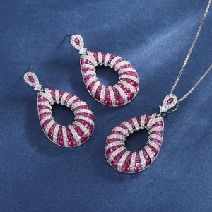 Fashion Eco-friendly Brass 10*12/6*6mm Red Zircon Teardrop Shape Necklace and Ear Ring <b>Set</b> Water Drop Jewelry <b>Set</b> for Women's - Product Image 3