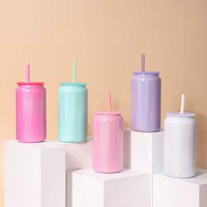 Ah 16 עוז סובלימציה שימר כפול יכול קיר כפול קיר נירוסטה עם מכסה צבעוני וקש - Product Image 3