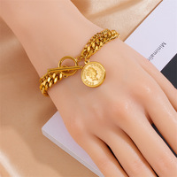 Bracelet chaîne double couche en acier inoxydable plaqué or pour femme, pendentif élégant Reine avec fermoir OT – Cadeau idéal pour les fêtes