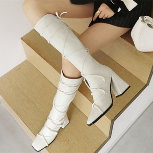 Bottes à talons épais croisées pour femme, grande taille 46, à bout carré, hauteur genou, chaussures d'hiver pour femme, à lacets - Product Image 3