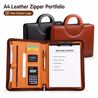 Porte-documents A4 en cuir avec fermeture éclair, poignée et calculatrice, personnalisable avec logo, en PU ciré de qualité supérieure, organisateur professionnel, vente en gros