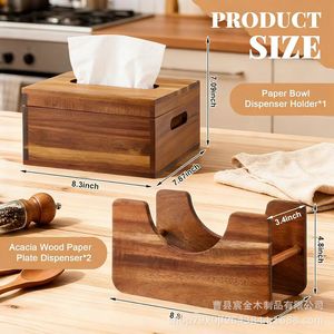 Wooden Paper <b>Plate</b> Holder Square Desktop Storage <b>Rack</b> With Lid Easy To Use For Tableware - Product Image 4