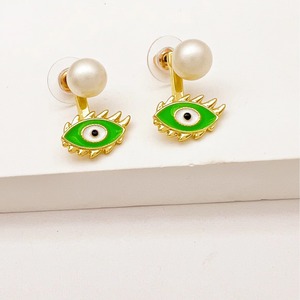 Green Evil Eye Pearl <b>Stud</b> <b>Earrings</b> Gold Plated Bezel Setting Everyday Wear Fashion Accessory - Product Image 1