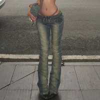Jean Skinny Taille Basse Y2K Bleu Délavé Respirant Écologique Coupe-Vent Vintage Patchwork Effet Usé en Denim Tissé pour Femme Automne