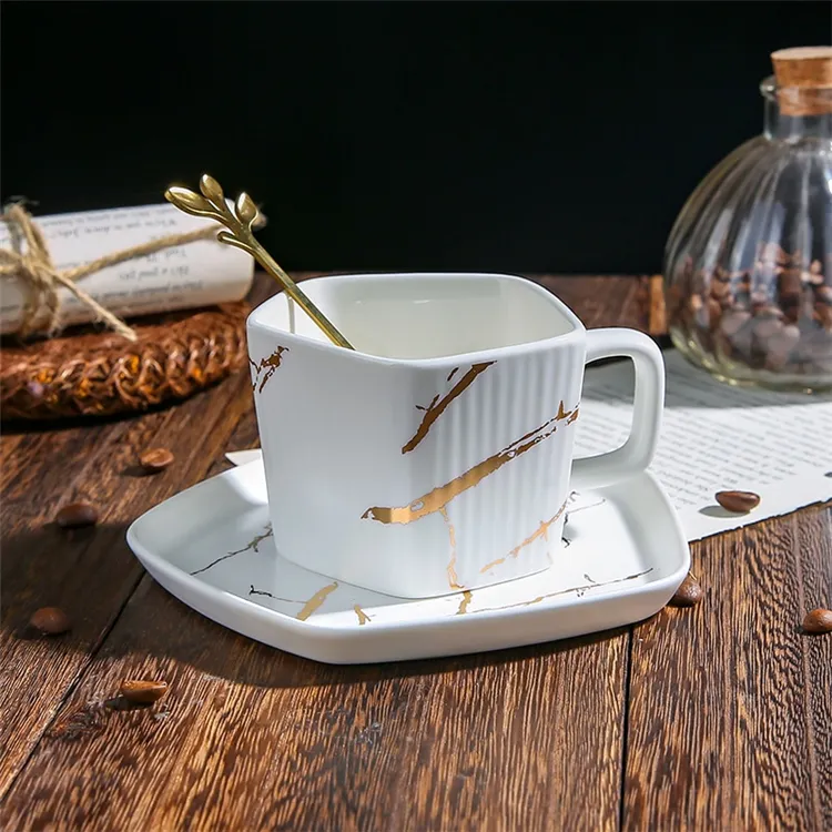 European Tea Cups European Style Drinkware Pentagonal Marble Porcelain Coffee Tea Cup And Saucer For Hotel