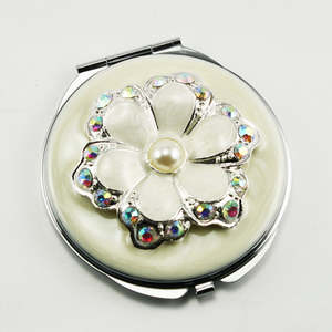 Portable Round Silver Chrome Metal Enamel Floral Cosmetic <b>Compact</b> <b>Mirror</b> Dual HD Glass Lens Folding Handbag Vanity <b>Mirror</b> - Product Image 3
