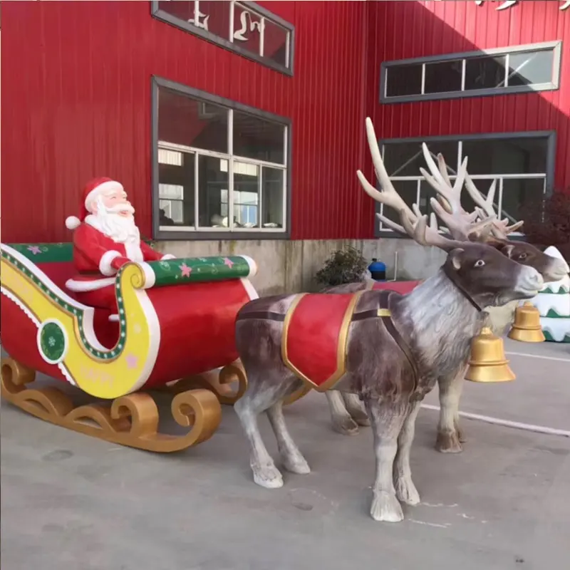 Ornamenti di natale in fibra di vetro resina cervo tirare carrello statua babbo natale caramelle puntelli fornitore di natale