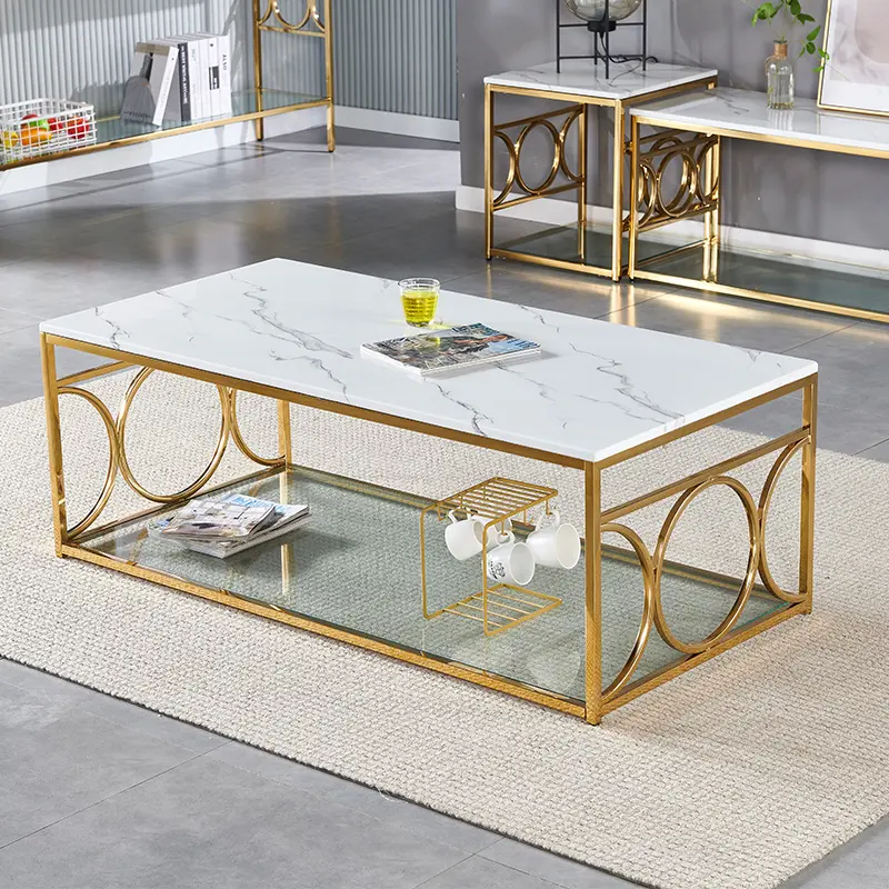 Mesa de mármol de acero inoxidable para sala de estar, mesa de centro moderna, venta al por mayor