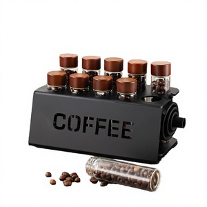 Ensemble de rangement pour grains de café HIGHWIN au design moderne et réutilisable avec des flacons doseurs pour expresso en verre borosilicate et base en acrylique/bois - Product Image 2