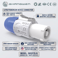 Connecteur Powercon IP44, 3 broches 20A 250V, prise mâle et fiche femelle à montage sur panneau, boîtier PA6, contacts en cuivre, avec loquet rotatif