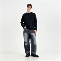 Jean multi-coupures pour homme, denim indigo foncé déchiré, coupe droite, coupe ample, poches pointues, délavé sur les cuisses, pour le quotidien