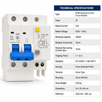 Interruptor Diferencial RCBO Wanbo-320 63 2P C63 30mA, Protección Contra Fugas, Sobrecarga y Cortocircuito