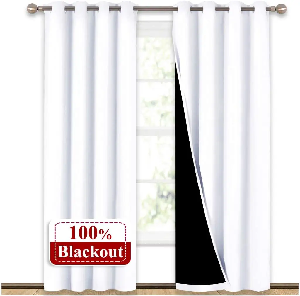 Amazon hot selling high quality ready made double layer with black liner Plain 100% blackout curtain