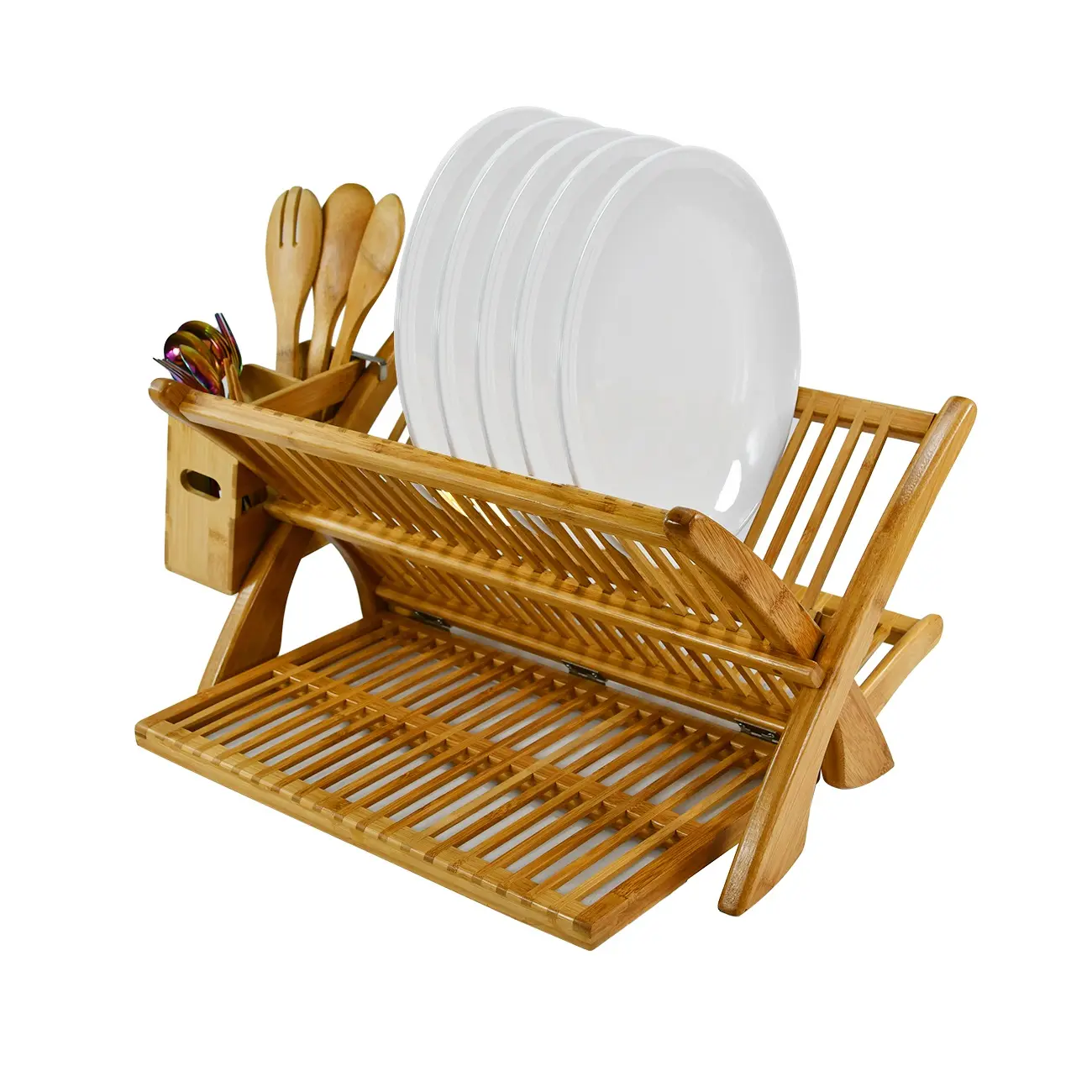 Wooden Dish Drying Holder Bamboo Plate Drainer 3 Tier Collapsible Dish Rack with Utensil Holder for Kitchen Counter
