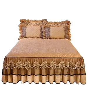 American style organic cotton embroid velvet quilted bed skirts covers for home wedding room