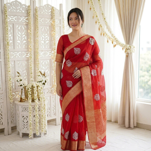 <b>Red</b> <b>Silk</b> Saree With Gold Border And Floral Embroidery For Wedding Occasion Women Traditional Indian Wear - Product Image 1
