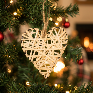 Adorno de corazón de mimbre de lujo rústico hecho a mano ligero respetuoso con el medio ambiente árbol de Navidad decoración de vacaciones - Product Image 1