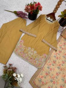 Heavy Fandy Silk Embroidery Beads Work Full Sleeve Top-Plazzo Dupatta Set Fully <b>Stitched</b> 3-Piece Party Floor-Length Women's - Product Image 2
