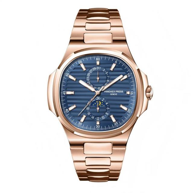 PANDAEX PRESS P012 Men's Luxury Quartz Watch Blue Dial Sapphire Crystal Stainless Steel Barrel Shape Case 44mm Moonphase 30m