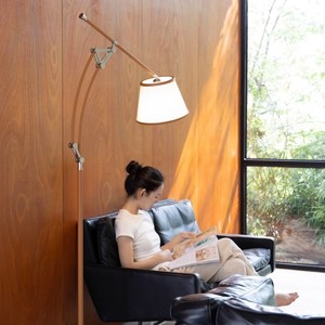 H Deco Golden Brown Leather <b>Floor</b> Lamp With Folding Arm Adjustable Height For Living Room <b>Sofa</b> Area - Product Image 1