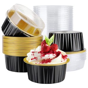 Moules à pâtisserie jetables en aluminium noir et or de 125 ml/4,4 oz, mini-récipients ronds en aluminium pour pudding et gâteaux - Product Image 1