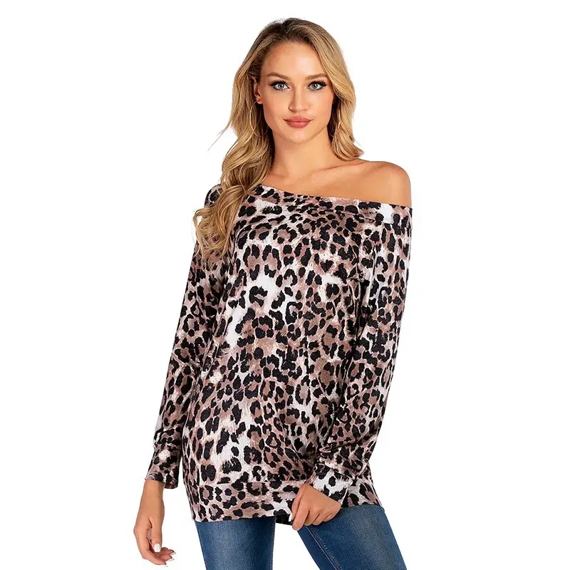 2019 otoño hombro volantes Camiseta con estampado de leopardo de las mujeres casuales camisas, blusas y blusas