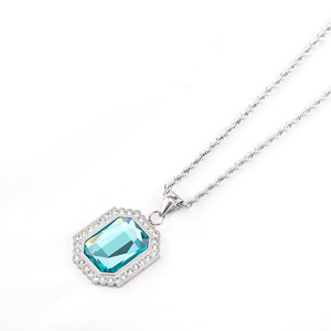 Collier pendentif en chaîne à maillons en acier inoxydable avec pierre précieuse bleue sertie pavé, design géométrique, bijoux de mode unisexe - Product Image 6