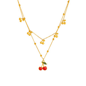 Fashion Layered Double Chain Cherry Pendant Stainless Steel Clavicle Necklace Gift Jewelry - Product Image 5