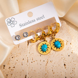 ANENJERY Unisex Retro <span class=keywords><strong>Ear</strong></span> Stud Earrings Set Nova Moda em Aço Inoxidável Azul estampado Pedra Geométrica Funil Sun Star Brincos - Product Image 3