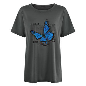 เสื้อยืดผู้หญิงพิมพ์ลายผีเสื้อสีน้ำเงินแขนสั้นผ้าฝ้ายลำลองระบายอากาศฤดูร้อน - Product Image 4