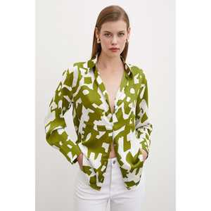 Camisa de Gasa con Estampado Geométrico para Mujer, Verde, con Botones, Estilo Casual para el Día a Día - Product Image 2