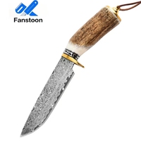 Präzisions gefertigtes hand gefertigtes Damaskus-Stahl-Bowie messer mit Hirschgeweih griff und feiner Ledersc heide Outdoor-Messer Großhandel