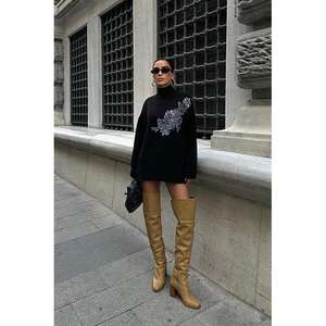 Pull en tricot brodé Sobe pour femme, col roulé, manches longues, automne, décontracté, noir, coupe standard - Product Image 6