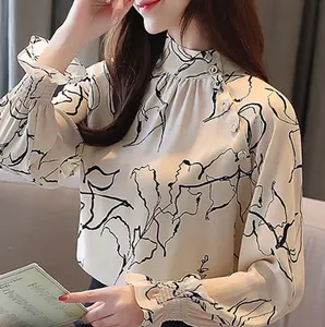 Blusa feminina manga comprida de escritório, camisas para mulheres, estampa de flores brancas, de chiffon, com botão, da moda b985, 2023