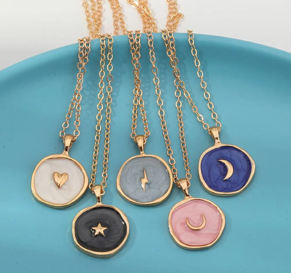 Wholesale Cheap Enamel Heart Sun Moon Star Necklace, Enamel Round Pendant Necklace