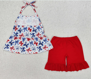 Sibling Baby Girls 4th of July Bows Halter Rompers Dresses - Product Image 2