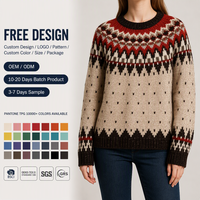 Pull en tricot Fair Isle personnalisé pour femme, col rond, rouge rouille, marron, avec empiècement triangulaire, usine OEM ODM