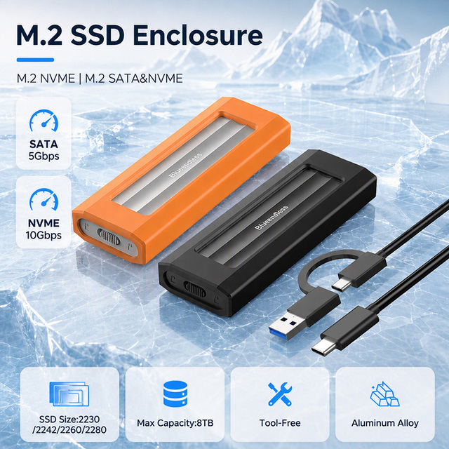 Dual-Protocol M.2 NVME SATA SSD Enclosure USB 3.1 Gen2 2 in 1 M.2 SSD to USB3.1 External Enclosure Case with Silicone Cover
