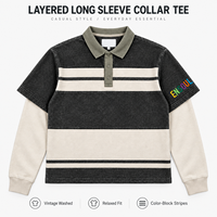 T-shirts pour hommes surdimensionnés à manches longues, style streetwear, avec fermeture éclair, coupe ample, à rayures vintage, graphiques et blocs de couleur, personnalisables OEM/ODM de qualité supérieure