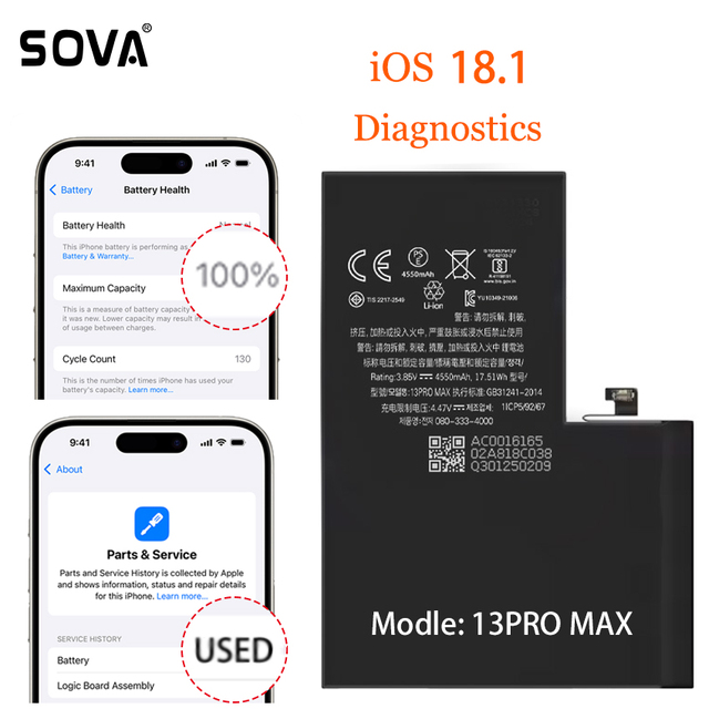 SOVA Genuine IOS18 Battery for iPhone 12 13 14 15 16 Pro Max 100% Healthy Diagnosing Unknown Parts Mobile Phone Batteries