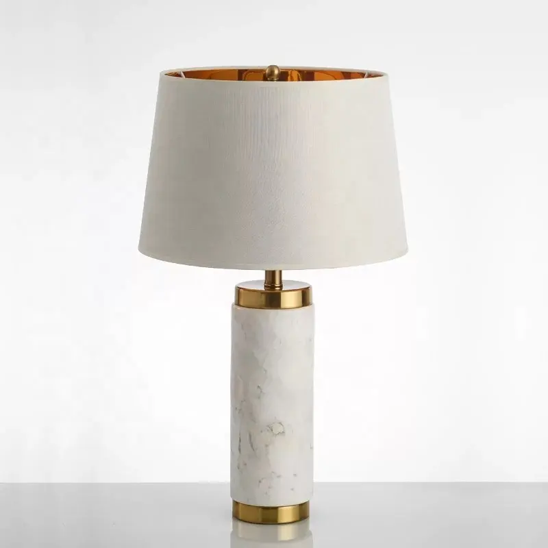 Natural White Marble Base Table Lamp With Fabric Shade For Bedside Table Lamp Decor