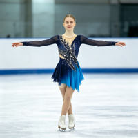 Robe de patinage et de danse bleu marine dégradé pour enfants et adultes, à manches longues en maille, avec strass et jupe en mousseline, pour compétition et spectacle de patinage sur glace